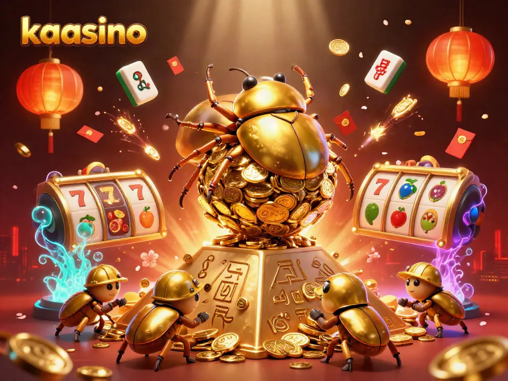 Engage with kaasino's vibrant gaming scene featuring a golden dung beetle rolling coins.