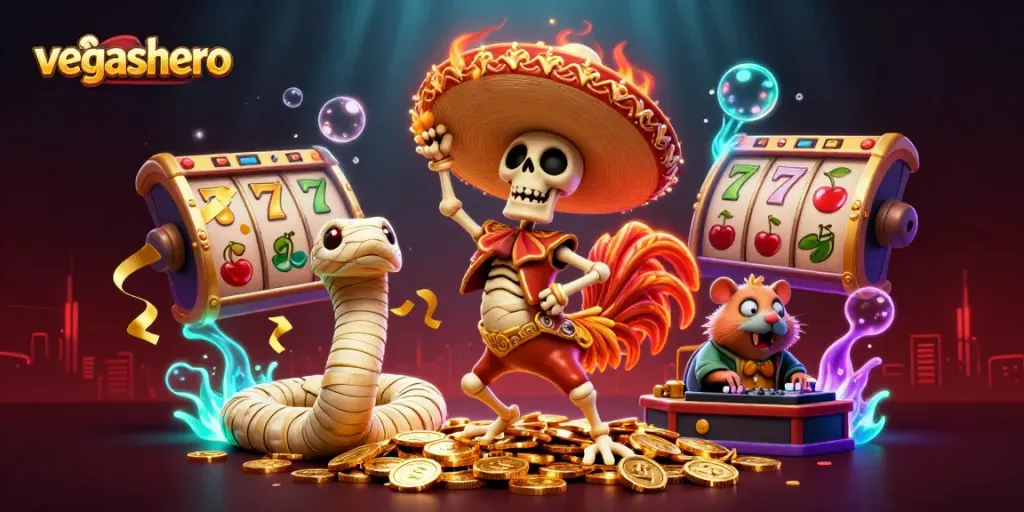Experience the vibrant gaming atmosphere at vegashero with a dynamic 3D casino illustration featuring colorful characters and slot reels.