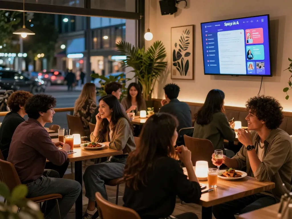 Engaging night scene showcasing spicy AI chat interactions in a vibrant café setting.