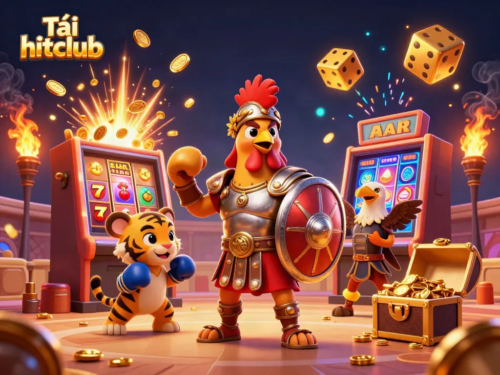 Tải hitclub to experience thrilling casino adventures with a gladiator rooster in a vibrant gaming scene.