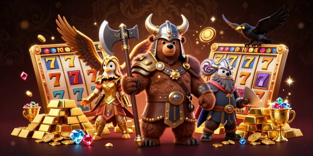 Engage with slot gacor experiences powered by 3D cartoon Viking and Valkyrie illustrations, featuring jackpot elements.