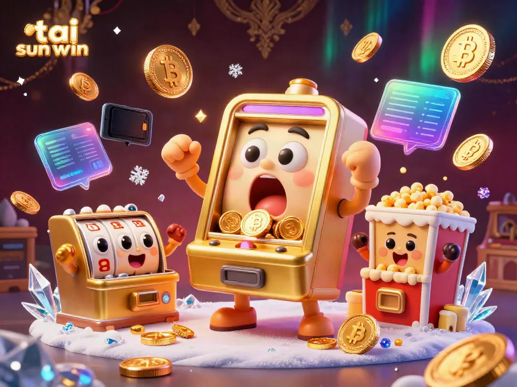 Experience the excitement at tai sunwin with a lively jackpot scene featuring a golden slot machine celebrating its wins amidst cryptocurrencies and festive details.